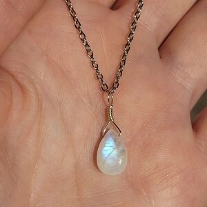 Rainbow Moonstone Smooth Droplet Stainless Steel Necklace